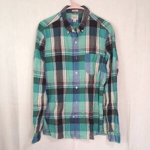 Indian Madras Woven for J Crew Teal Blue Plaid Long Sleeve Button Up Size Lg